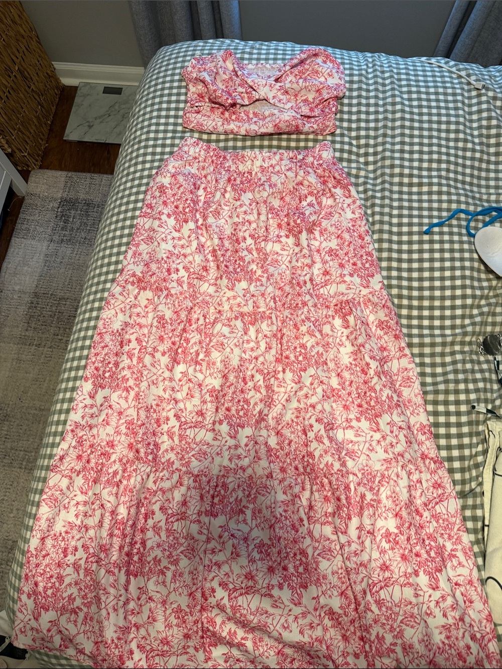 SHEIN White and Pink Floral Tiered Maxi Skirt